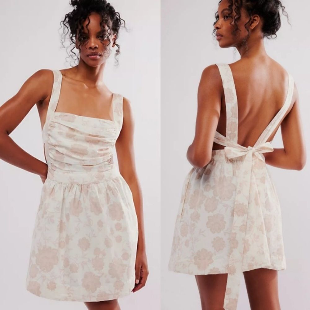 Free People Meet Me In Maui Printed Ivory Mini Dress/ Cut-out with Bow - Picture 14 of 15
